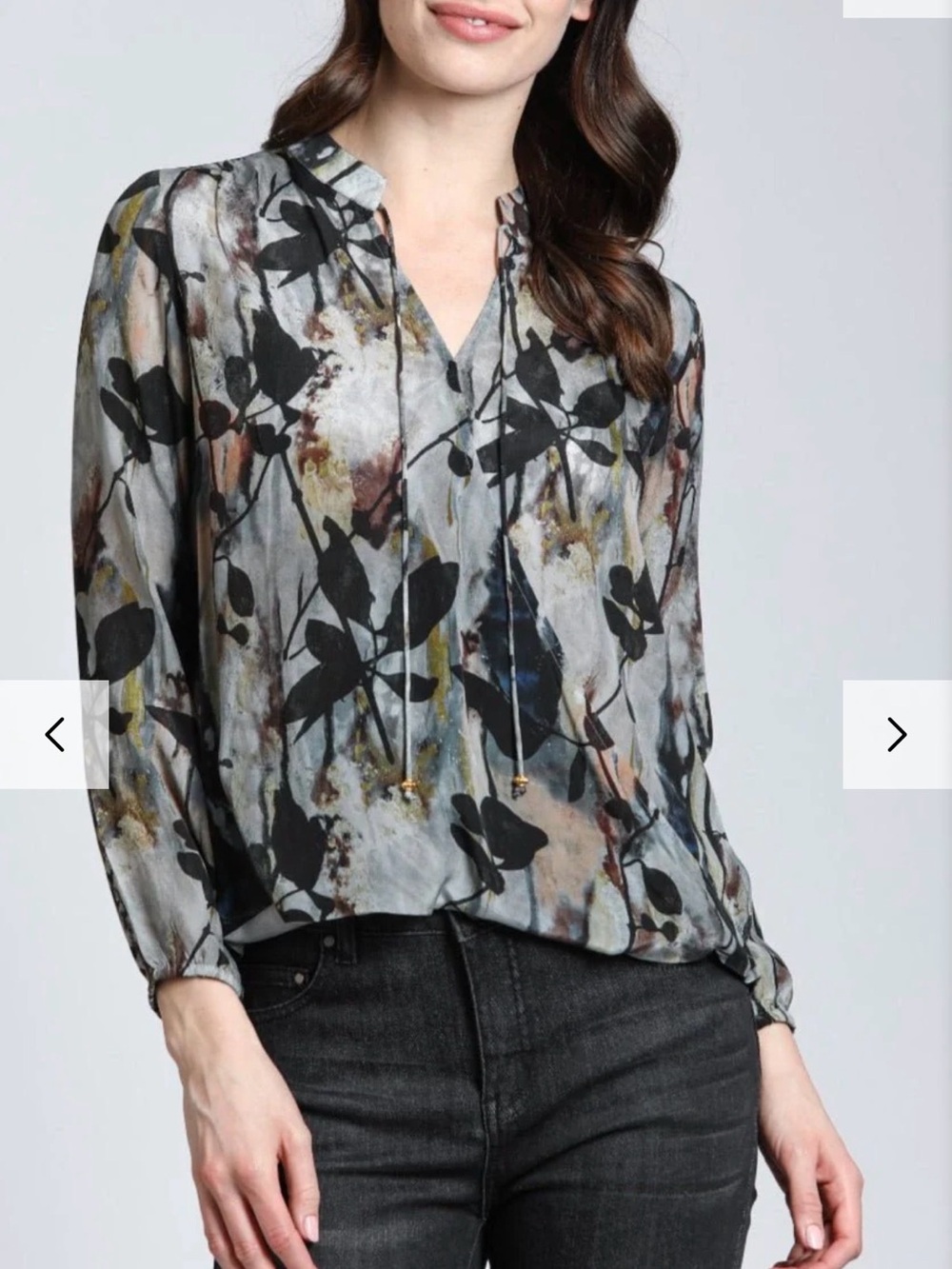 APNY Printed Crossover Long Sleeve Top in a grey multi colorway SIZE L